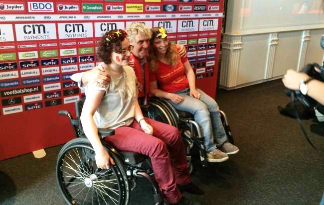 Mora-event EK-wedstrijd België met Cora van Mora, Jean-Marie Pfaff en Sam Gooris 