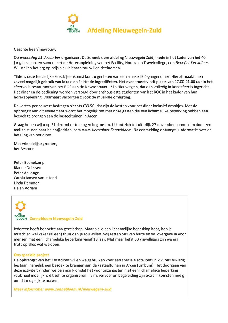 Zonnebloem afdelingsnieuws