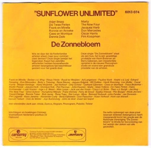 Achterkant van de single "De Zonnebloem" ingezongen door het gelegenheidskoor Sunflower Unlimited