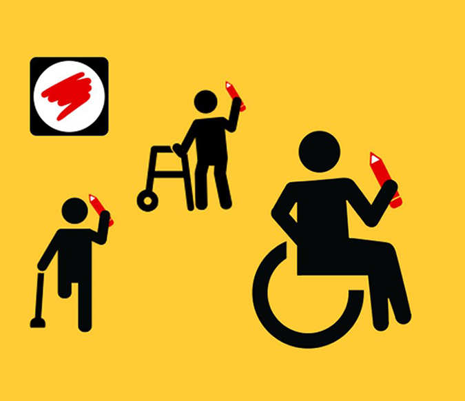 Drie personen met een lichamelijk beperking die een rood potlood in de hand hebben